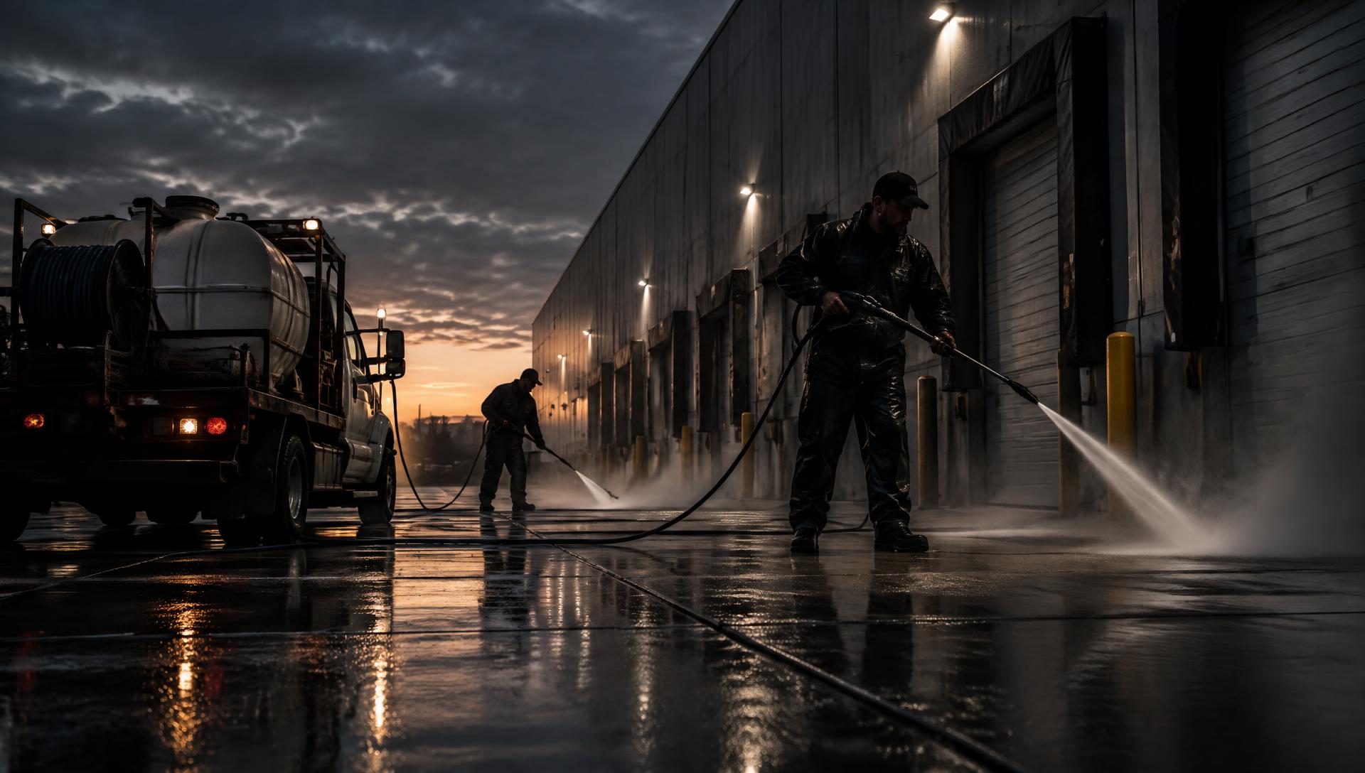 Commercial maintenance crew pressure washing a loading dock at dusk