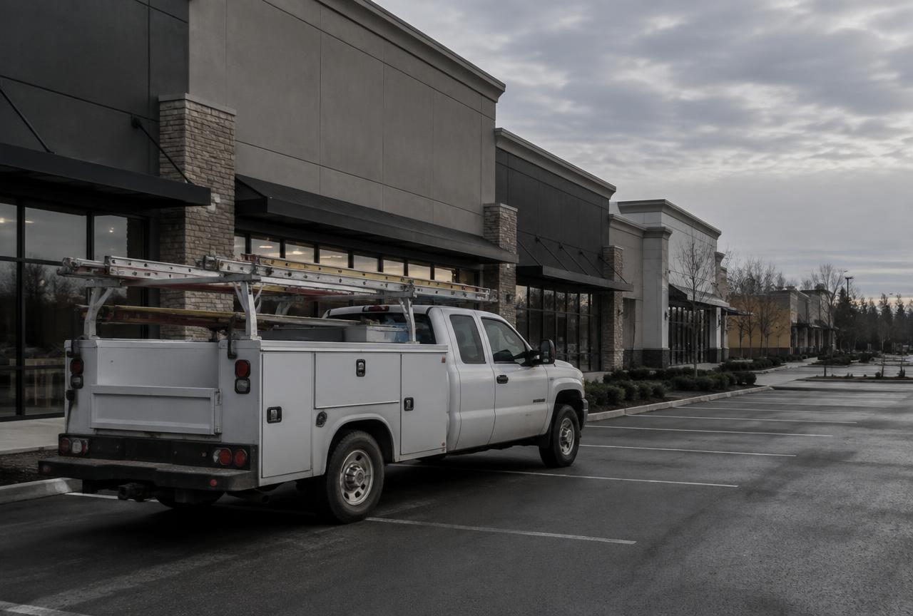 Service truck with ladder rack parked outside a commercial strip plaza