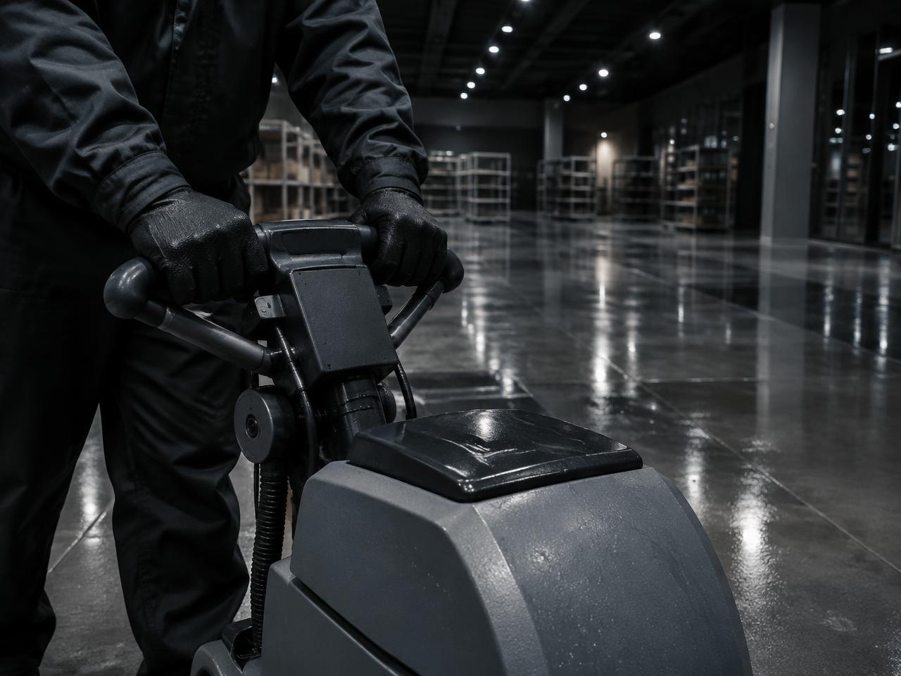Operator running a commercial floor scrubber in an empty retail space at night